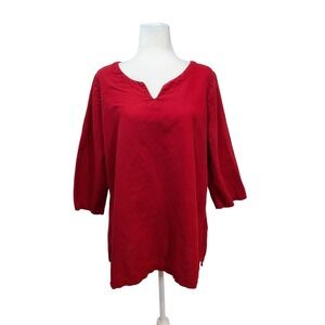 Hot Cotton Linen Blend‎ Red Tunic Top V Neck 3/4 Sleeve Casual Comfy Made in USA